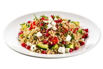 Barley salad with grilled vegetables, feta cheese and balsamic dressing, sprinkled with colorful pomegranate seeds,Isolated on transparent background.