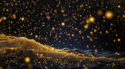 Abstract background with blue waves and golden spheres - obrazy, fototapety, plakaty