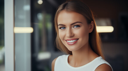 Portrait of a Smiling Young Woman with a Radiant Complexion Indoors.