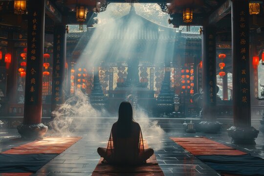 An ethereal image of a person sitting in a haze-filled temple as celestial rays of light pour in from above