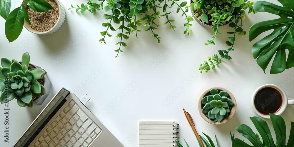 Poster chic workspace setup with laptop diary and succulent on white background . concept workspace setup, 