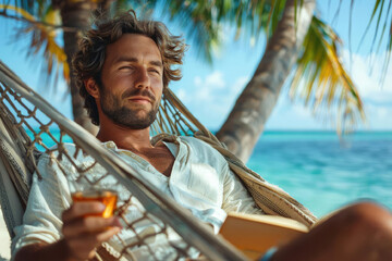 A man lying on a hammock between two palm trees on a tropical beach, with a blue sky and a calm sea in the background, holding a book and a cup of tea, and a relaxed expression on his face - Powered by Adobe