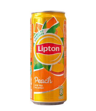 Aluminium can of Lipton Ice Tea with peach flavour isolated on a white background, made for Belgium.