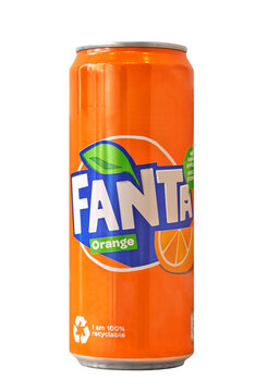 Aluminum can with sweet carbonated drink Fanta isolated on a white background, made for Belgium