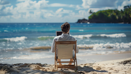 Fototapeta premium A businessman working remotely from the beach