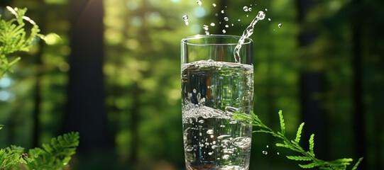 fresh clear mineral water in a glass with forest background 128
