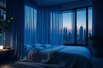 bedroom with a cozy window seat overlooking a city skyline