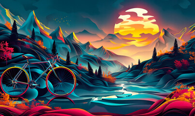 Surreal digital artwork of a stylized bicycle integrated into a vibrant, flowing landscape with mountains, trees, and a setting sun, evoking a sense of motion