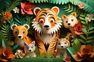 Tigers and wild animals in the forest from paper cut out effect in bright tone