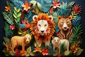 Lions and tigers in the forest from paper cut out effect in bright tone