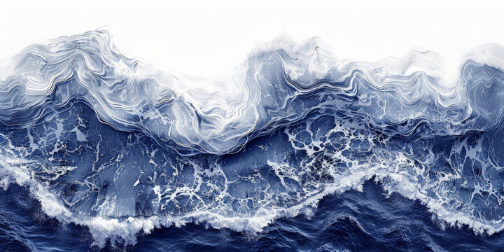 dark blue white rough sea wave watercolor on white backgground, waves with deep blue and white colors,