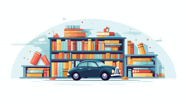 A wind-up toy car navigating a maze of books