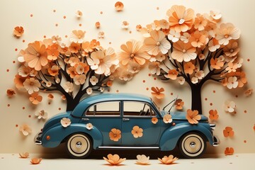 a convertible car with a flowers and blooming trees from paper cut out effect
