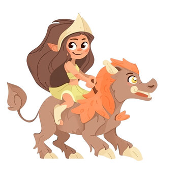 An illustration of a young girl riding a chimera