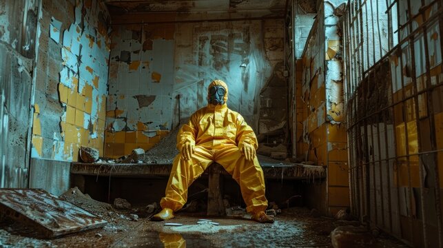 person in a yellow radiation suit in an abandoned and old bunker with cracks and dirt in low light in high resolution and quality