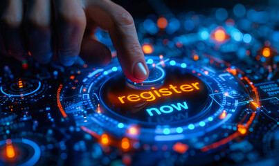 Businessperson interacting with a digital interface pressing a register now button, symbolizing online registration and modern technology engagement