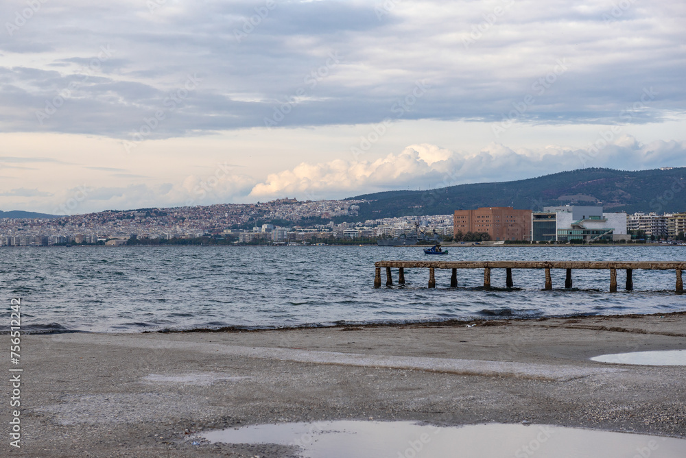 Canvas Prints Aegean Sea in Thessaloniki city, Greece. View with Concert Hall building