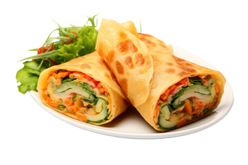 Omelet rolled into a roll and stuffed with vegetables such as carrots, cucumbers and lettuce, cut into pieces, Isolated on a transparent background.