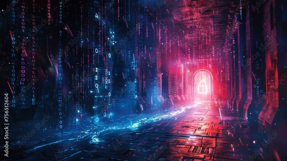 Fototapete a glowing cyber security lock symbol stands out in a neon red hue against the backdrop of a dark, go