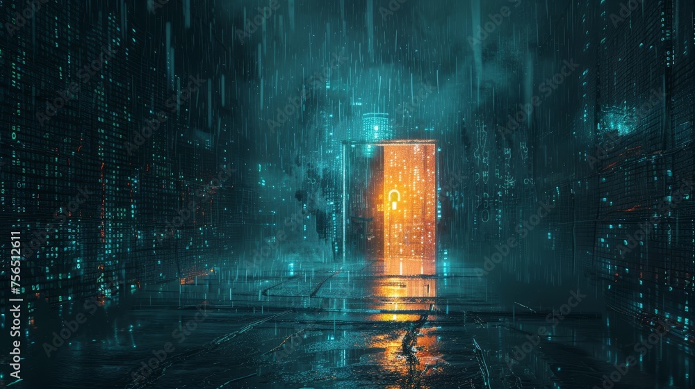 Fototapete a glowing cyber security lock symbol stands out in a neon red hue against the backdrop of a dark, go