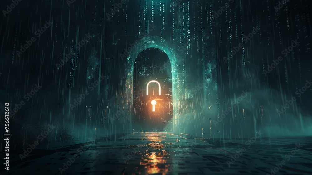 Fototapete a glowing cyber security lock symbol stands out in a neon red hue against the backdrop of a dark, go