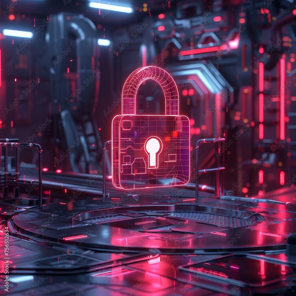 Fototapete an abstract concept of digital security, featuring a holographic lock floating in front of a futuris