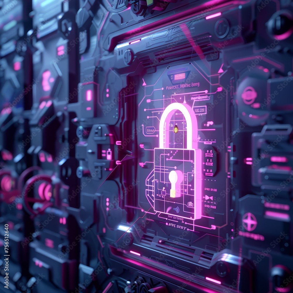 Fototapete an abstract concept of digital security, featuring a holographic lock floating in front of a futuris