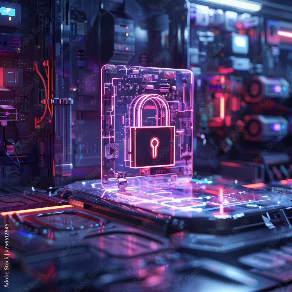 Fototapete an abstract concept of digital security, featuring a holographic lock floating in front of a futuris