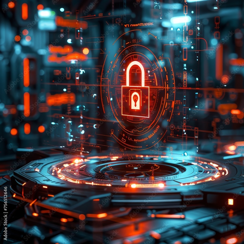 Fototapete an abstract concept of digital security, featuring a holographic lock floating in front of a futuris