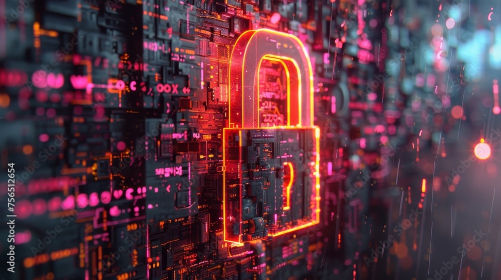 Fototapete a highly detailed image of a metallic padlock symbol overlaying a glowing digital screen, filled wit