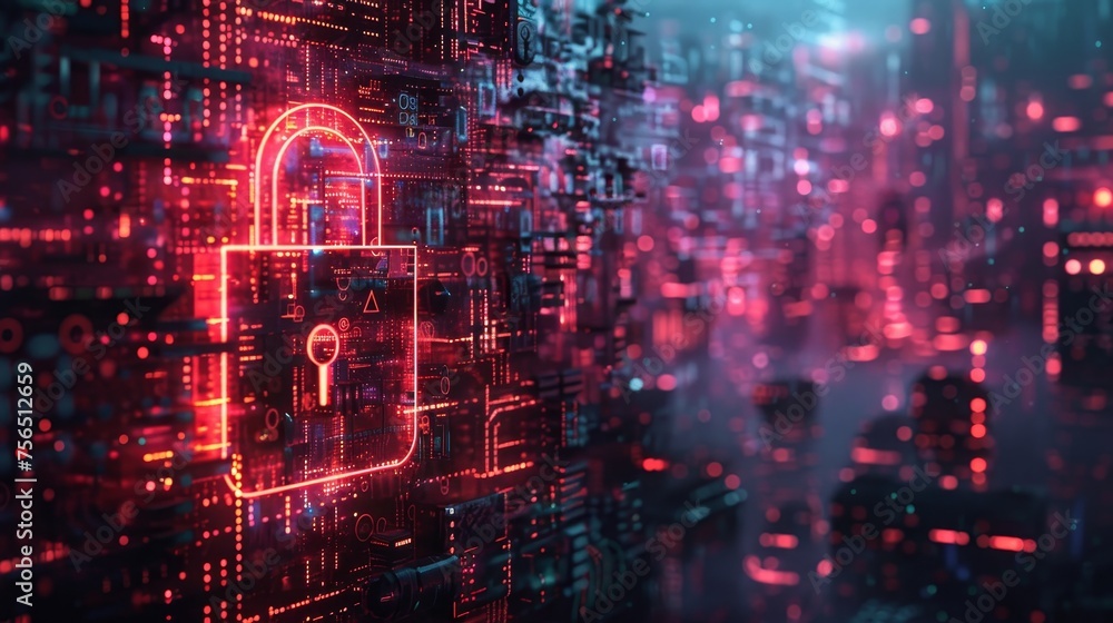 Fototapete a highly detailed image of a metallic padlock symbol overlaying a glowing digital screen, filled wit