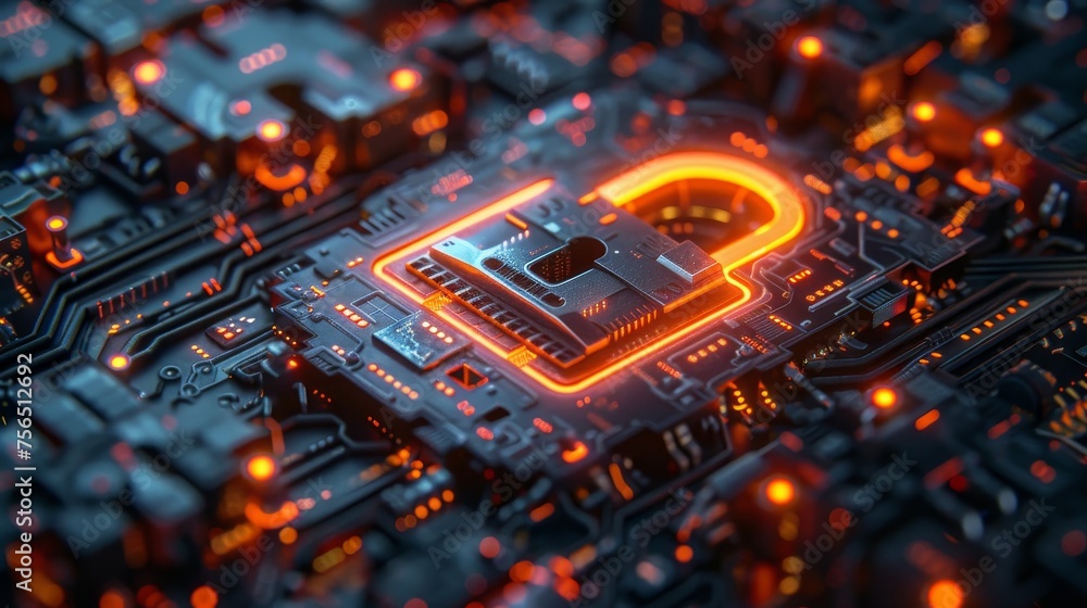 Fototapete a highly detailed image of a metallic padlock symbol overlaying a glowing digital screen, filled wit