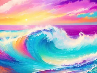 Papier Peint photo Turquoise Abstract ocean wave and colorful sky background. style of oil painting.