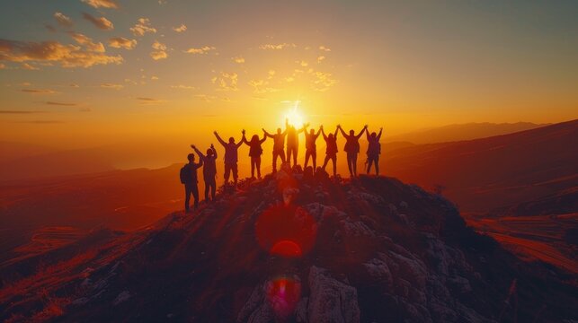 A powerful image depicting a group of people with arms raised in celebration on a mountain peak during sunset, evoking feelings of achievement, freedom, and companionship.