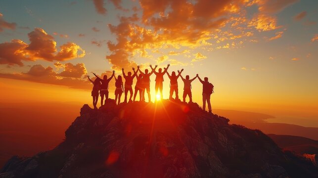 A powerful image depicting a group of people with arms raised in celebration on a mountain peak during sunset, evoking feelings of achievement, freedom, and companionship.