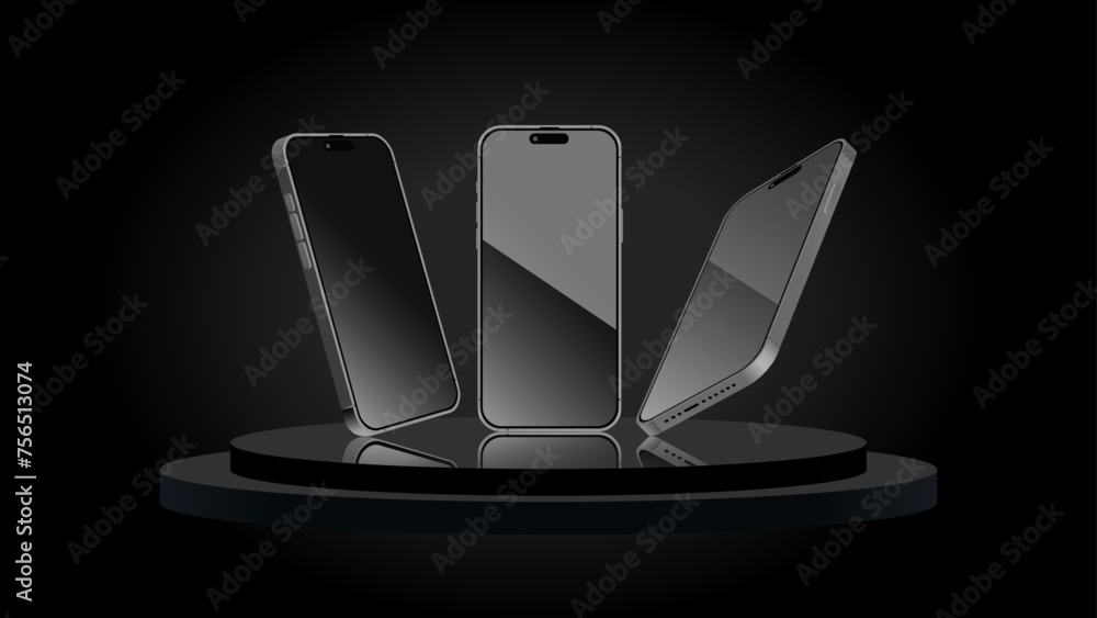 Poster realistic 3d isometric smartphone. cellphone perspective and side view. template for presentation, l