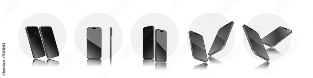 Poster black smartphone mockup in different angles with editable screen. 3d perspective view mobile phone m
