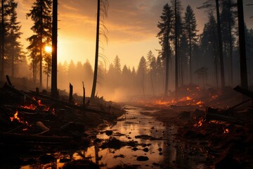 A stark image of a forest ravaged by a recent wildfire. Charred trees and blackened earth dominate the landscape, portraying the aftermath of a devastating natural disaster.