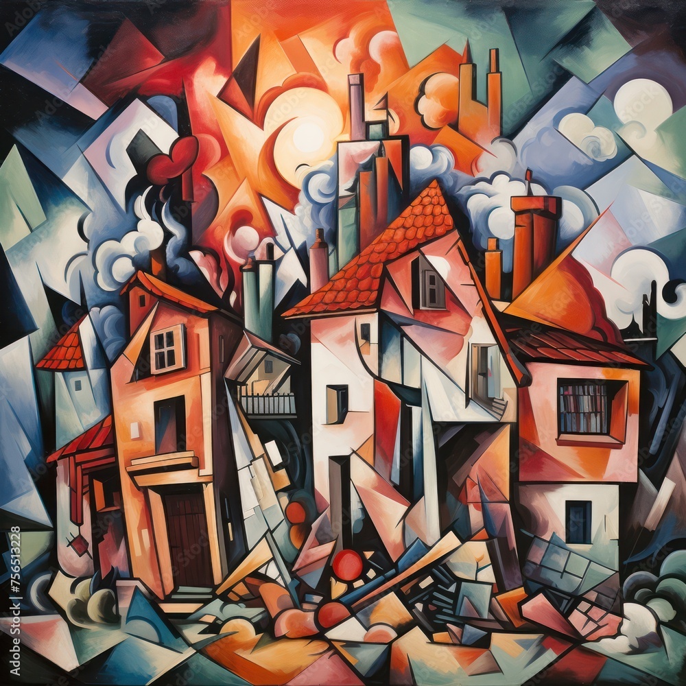 Poster dynamic cubism painting portraying an explosive disintegration of architectural forms house