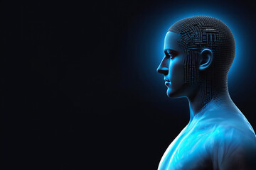 Virtual Digital head of Artificial Intelligence (AI). deep learning concept. Hologram. Head silhouette hologram on black background, copy space banner