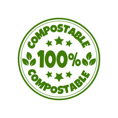 Compostable Ecology icon. Natural products sticker, label, badge and logo template with green leaves for organic and eco friendly products. Vector illustration