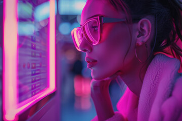 futuristic online shopping technology, females wear visual with pink neon backlights, buying online.