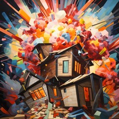 Naklejka premium Illustration of a house mid-explosion, its structure fracturing into colorful cubist fragments