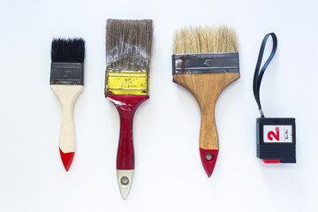 Home improvement basic tools,  wall painting tools on white background.