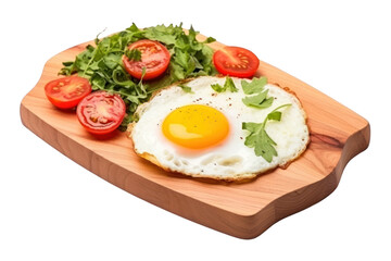 Fototapeta na wymiar Fried eggs, runny yolk. On whole wheat bread. Sprinkle with salt and pepper. bright orange yolk Contrast with the green color of coriander. Served on wooden plate isolated on transparent background.