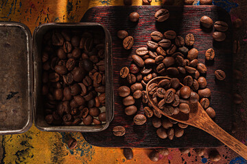 Food background- roasted coffee beans. Still life- dark food photography. Chiaroscuro- dark style
