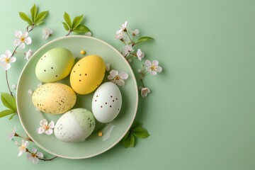 Easter eggs in plate on green table. Generative AI