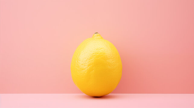 A vibrant yellow lemon on a soft pink background with natural lighting.