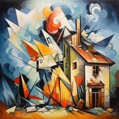 House explosion in bright colors, cubism