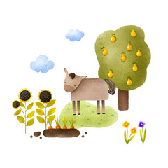 A cartoon horse walks on the lawn among flowers and a vegetable garden. Hand drawn landscape illustration on isolated background. Cute children's hand-drawn composition for decor and cards